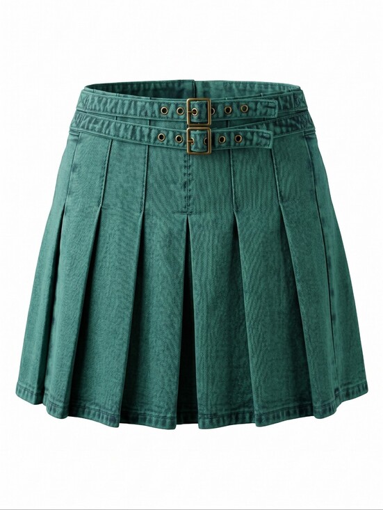 Cider Dresses & Skirts - NWT! Cider Teal Pleated Denim Mini Skirt with Double Buckle Waist